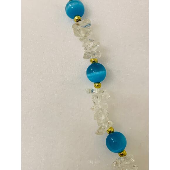 Short Beaded Necklace, Clear Chip Beads with Blue Round Beads, 19" Long - Picture 3 of 6